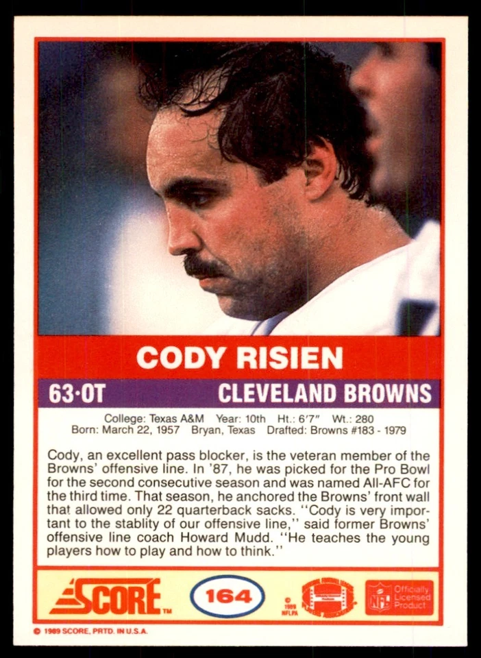 1989 SCORE CODY RISIEN . CLEVELAND BROWNS #164 - Image 2 of 2