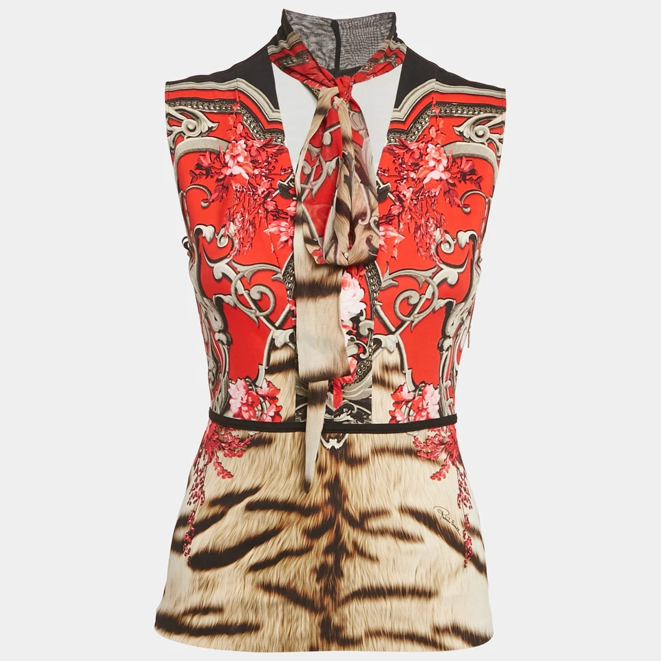 Roberto Cavalli Red Floral Print Jersey Sleeveless Top S