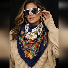 VINTAGE Made in Italy BLUE FLORAL Rayon SCARF Large 35" x 35" Bold Print