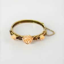 Vintage Gold Tone With Celluloid Light Peach Roses  Safety Chain 7  Bracelet