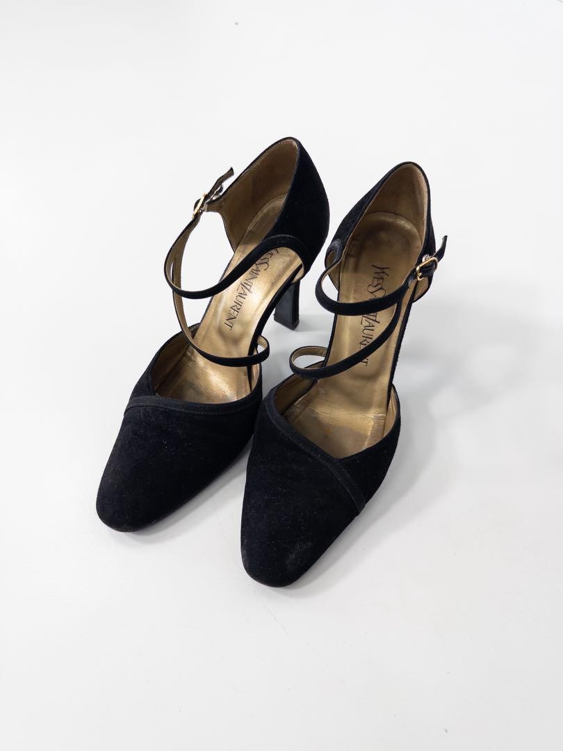 Saint Laurent decolte tacco YSL EU37 US7 cinturino alla caviglia scamosciato nero 09879a