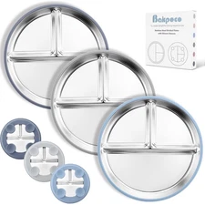 Bakpoco 9" Stainless Steel Divided Suction Plate 3pc Set - Blue Gray Navy