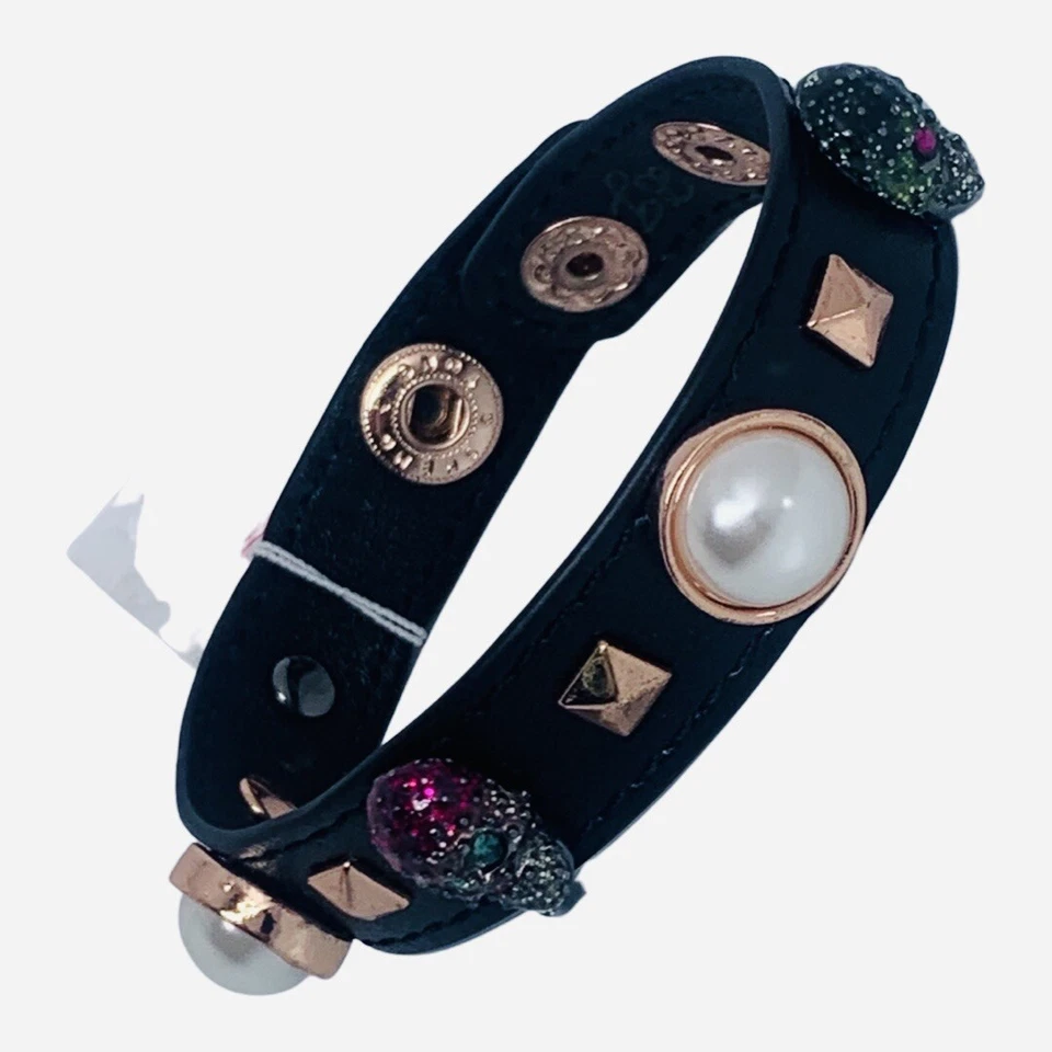 Betsey Johnson Crystal Black Leather Skull Pearl Bracelet DUCHESS OF BETSEYVILLE - Image 4 of 4