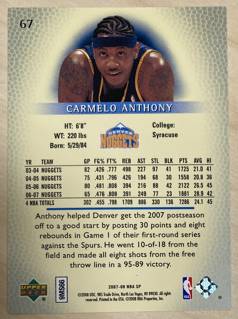 CARMELO ANTHONY - 2007-08 SP Authentic #67 - DENVER NUGGETS | eBay