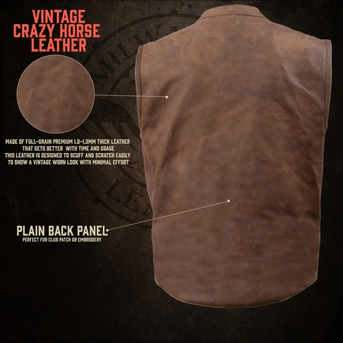 Milwaukee Leather 3519 Men's Crazy Horse Brown Vintage Leather Motorcycle Vest - Picture 6 of 15