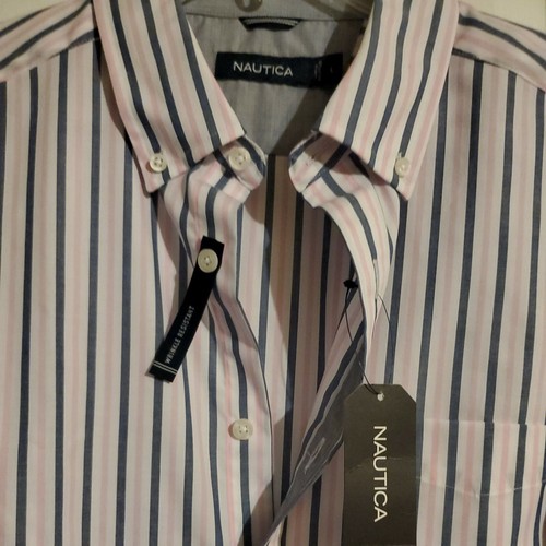 Nautica Mens' Casual Button Wrinkle Resistant Size L Pink/Grey Stripes NWT - Picture 2 of 6