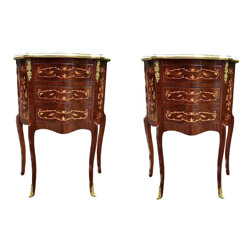 Cómodas Mesitas de Noche Francés Luis XVI Incrustación de Caoba Hoja de Oro Acento Par 2 piezas Foto 2 de 4