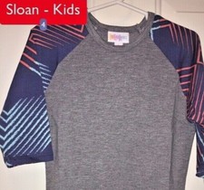 NWT LuLaRoe Kids SLOAN Size 4 BASEBALL TEE Grey with NAVY BLUE Graphic Sleeves