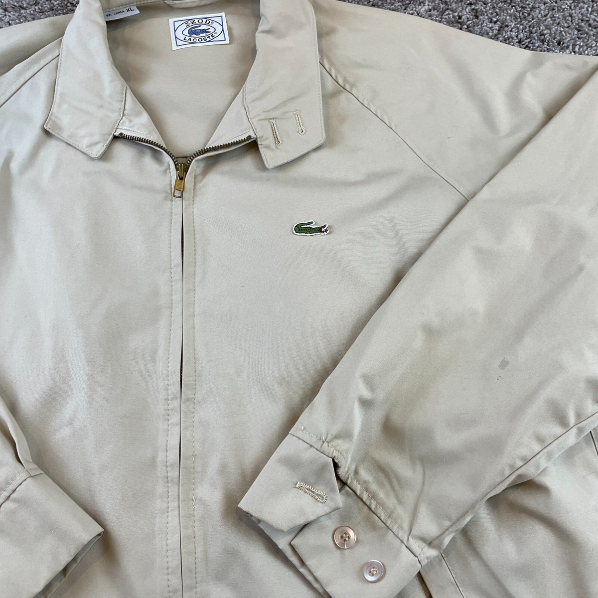Vintage IZOD Lacoste Jacket Mens XL Beige Long Sleeve 80s Hooded