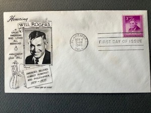 FDC, Will Rogers, 3c, 1948 (unaddressed Fleetwood)