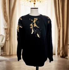 Vtg 80s Angenie Sequined Beaded Sweater Size Large Black Gold Lambswool Angora