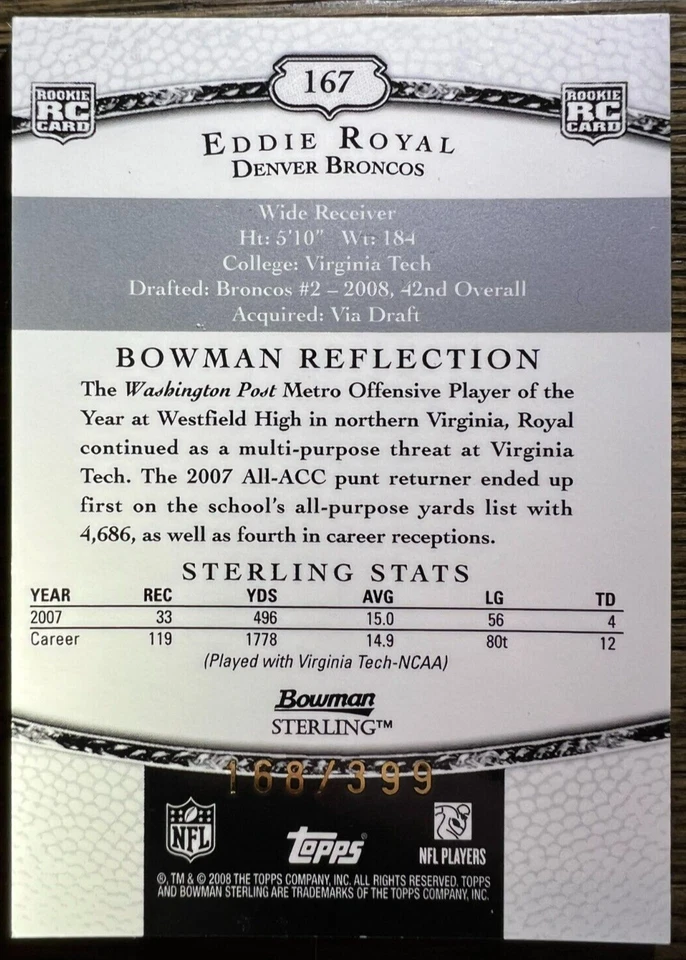 2008 Bowman Sterling Jersey Blue - EDDIE ROYAL - #167 - BRONCOS (#168 of 399) - Image 2 of 2