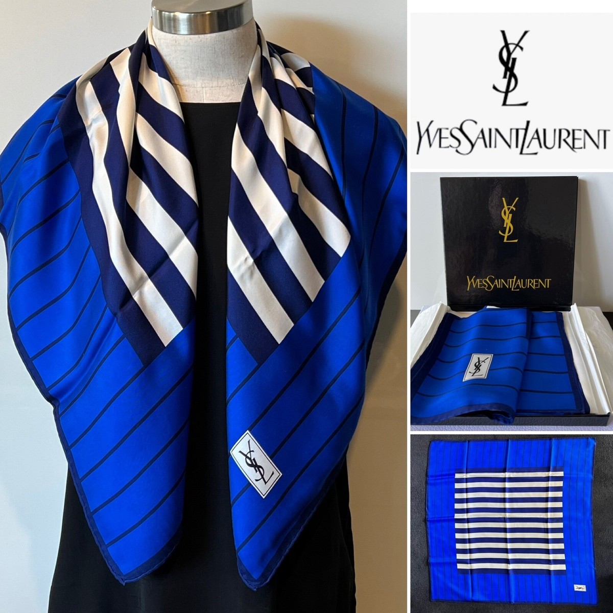 YSL Yves Saint Laurent Silk Twill Stripe Scarf 87x87cm Rev