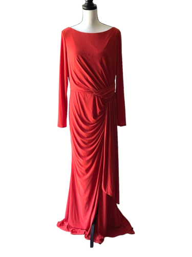 Ieena for Mac Duggal Size 12 Red Long Sleeve Front Slit Gathered Waist Dress - Picture 1 of 9