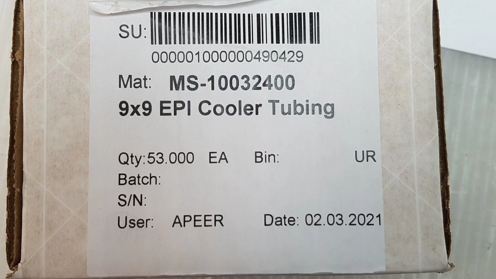 Lumenis box label reading MS-10032400 9x9 EPI Cooler Tubing, Qty 53