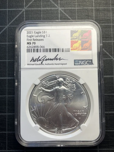 USA 2021 American Silver Eagle Landing T-2 First Releases NGC MS70 Gaudioso Sign