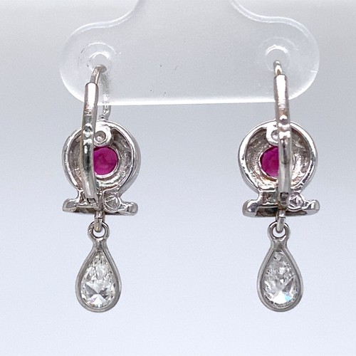 14K White Gold Drop Earrings w 2 Diamond Pears (0.5cts) & 2 Ruby Rounds (0.5cts) - Picture 11 of 15