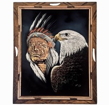 Vintage Signed Velvet Painting Native American w/ Bald Eagle Carved Wood Frame
