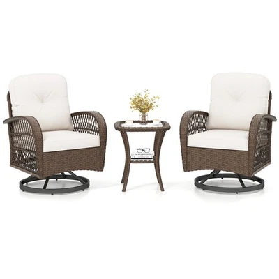 COSTWAY 3 Pieces Outdoor Patio Furniture Set Rattan Swivel Rocker Chairs Set White