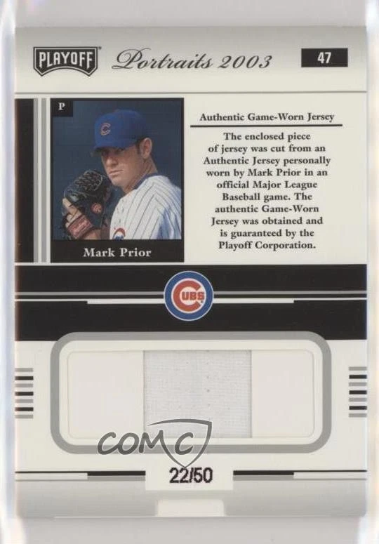2003 Playoff Portraits Silver Materials /50 Mark Prior #47 - Image 2 of 2