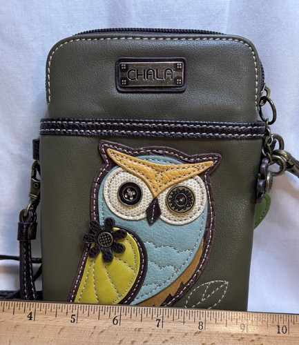 NEW CHALA OLIVE GREEN OWL BIRD CELL PHONE CROSSBODY PURSE STRAP BLUE YELLOW - Picture 3 of 11