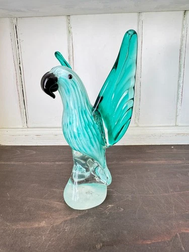 Vintage Murano Style Art Glass Parrot Figurine Teal Bullicante Italian Bird