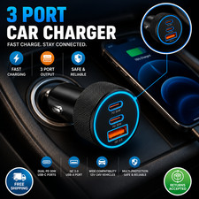 67W USB C Car Charger 3 Port Fast Charger Dual USB-C USB-A Car Power Adapter