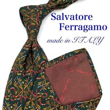 New Unused Salvatore Ferragamo Neck Tie Green Brown Golf Clubs 100%Silk Italy