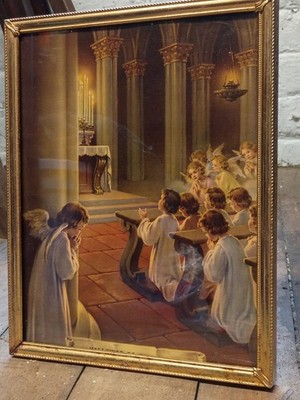 Vintage Printed in Italy Religious Framed Print Hallowed Be Thy Name Gold Frame