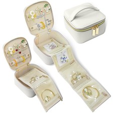 PU Leather Travel Jewelry Organizer Case with 4 Pouches  Handle, Anti-Tangle...