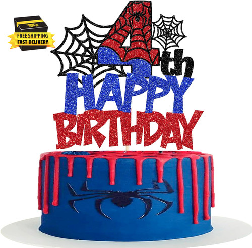 1 Pack Happy 4Th Birthday Cake Topper Glitter Spider Web Cake Pick Superhero Spi