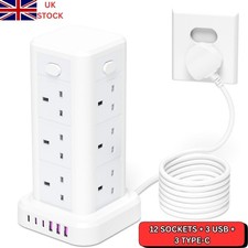 Tower Extension Lead 12 Socket 3 USB 3Type C With Indicator & Surge Protection