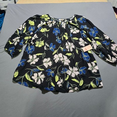 new EVRI Floral Blouse Womens 3X Black Blue Pink Rayon 3/4 Sleeve Pleated