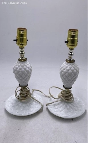 Vintage White Hobnail Milk Glass Corded Electric Decorative Table Lamp Lot Of 2