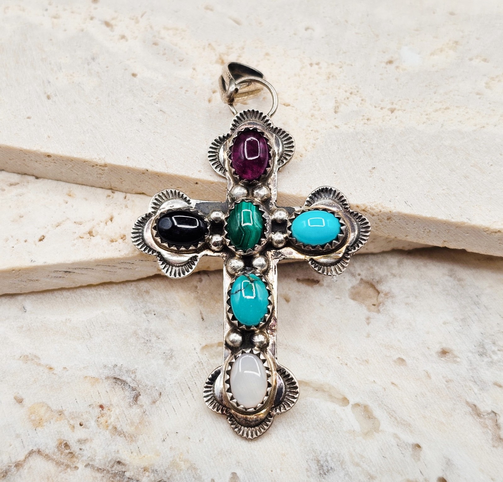 ENGRAVED Native American Multi Stone Sterling Sil… - image 1