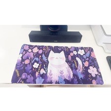 Dreamy Purple Floral Cute Cat Oversized Mouse Pad 23.6" X 11.5" Keyboard Mat