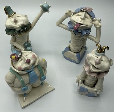 Set Of 4 Kitschy Hobbyist Clowns/Jesters, Clay With Glossy Finish, Studio Art