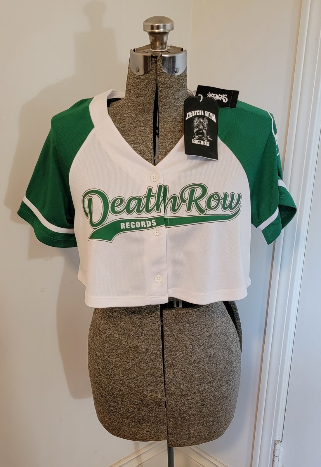 FILA Maglia Baseball Death Row Records #91 Donna Crop Taglia S Verde Bianco Nuova con Etichette