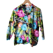 ALFRED DUNNER Blue Pink Floral Tropical 3/4 Sleeve Cruise High Neck Top SZ 14