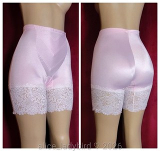 SHINY Vintage PINK Long Leg SHAPER Girdle Tight SATIN Stretch Shorts Nylon Lace