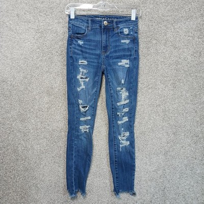 American Eagle High Rise Jegging Crop Jeans Womens 0 Blue Wash Distressed 24x26