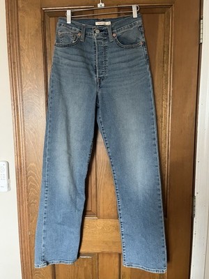LEVI'S Ribcage Straight Long Jeans LIGHT WASH High Rise BUTTON-FLY Whiskered 29