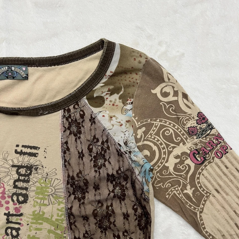 Camisa Boho Vanilla Sugar para Mujer XS Marrón Multi Patchwork Encaje Manga 3/4 VS7005 Foto 3 de 4