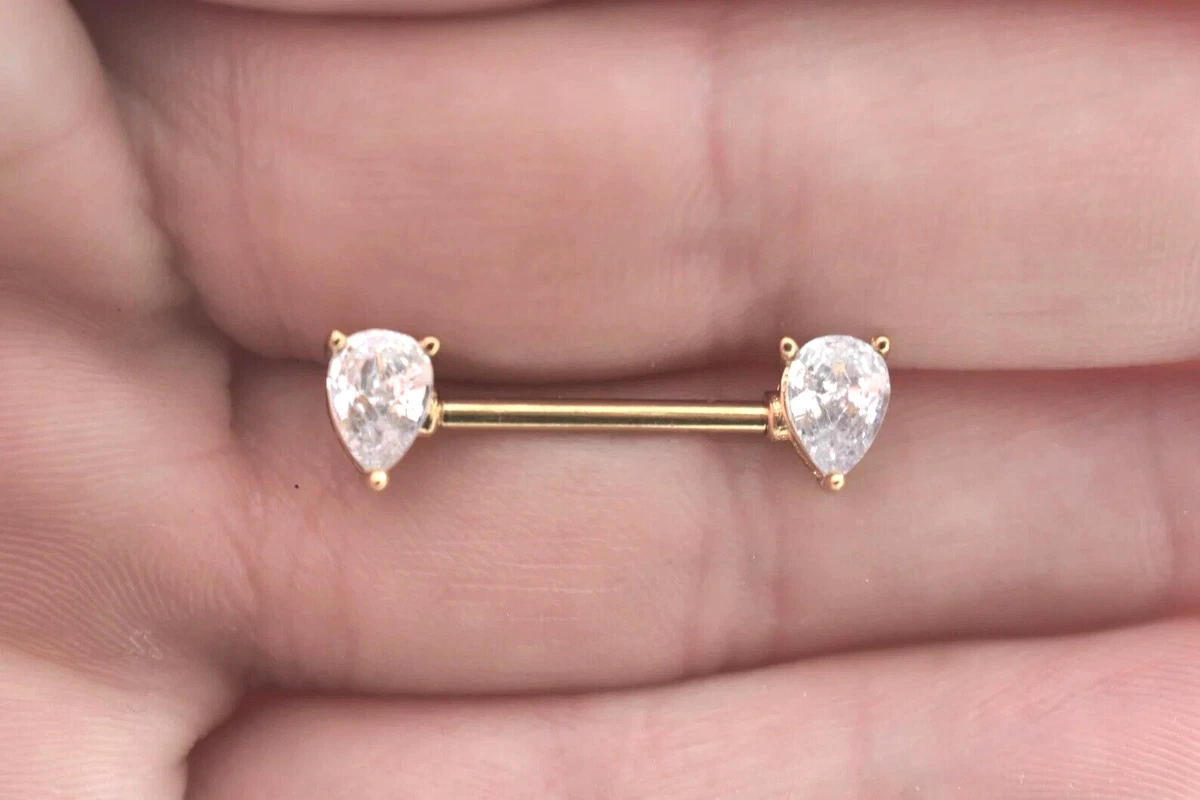 1Ct Pear Lab-Created Diamond Piercing Barbell Nipple Ring 14K Yellow Gold  Over