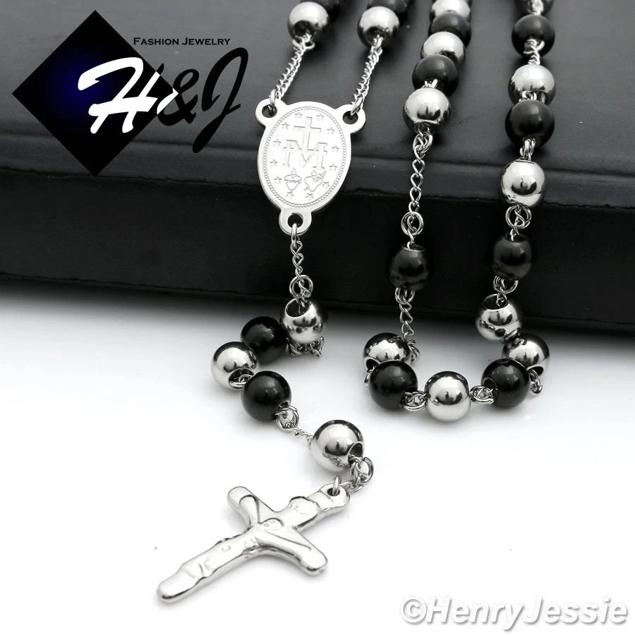 29 + 5 «Нержавеющая сталь 8 мм серебро/черный покрытием бусина Virgin Mary четки ожерелье * 10 - Изображение 3 из 3