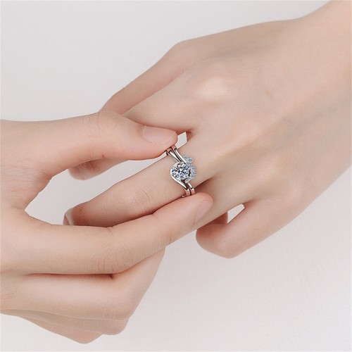 Set Sposa Moissanite GRA Anello di Fidanzamento Taglio Rotondo Oro Bianco 14K Placcato Argento - Foto 6 di 10
