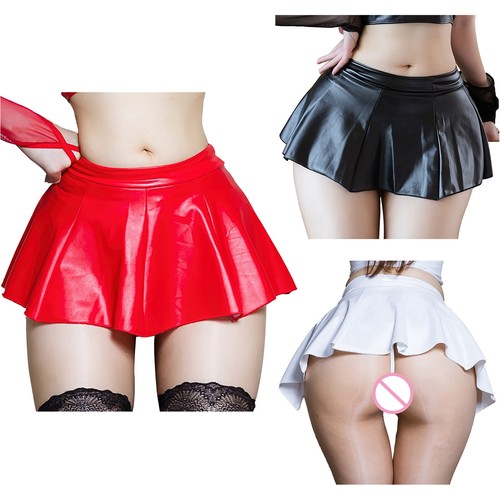 Women's Ruffles Skirt Latex Wet Look Leather Dancing Club Wear Short Mini Skirts - Picture 1 of 24