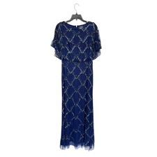 NWT Adrianna Papell  Hand Beaded Blouson Long Gown Flutter Sleeves Navy Blue 2