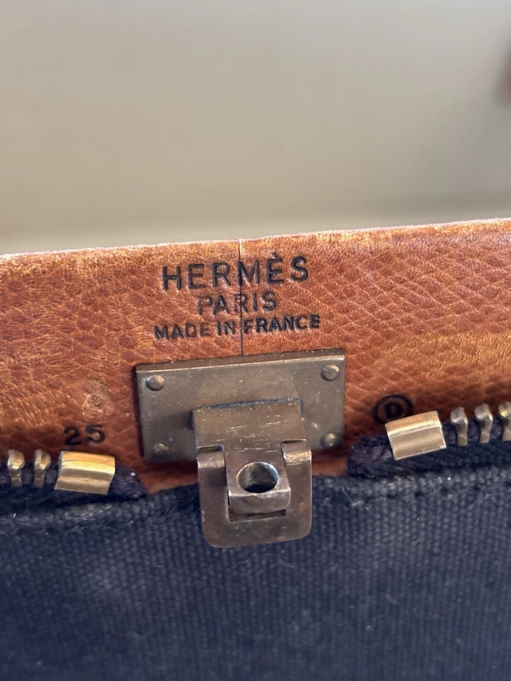 Vintage HERMES Canvas & Leather Suitcase w  Lock & Key Luggage 22” - Image 3 of 4
