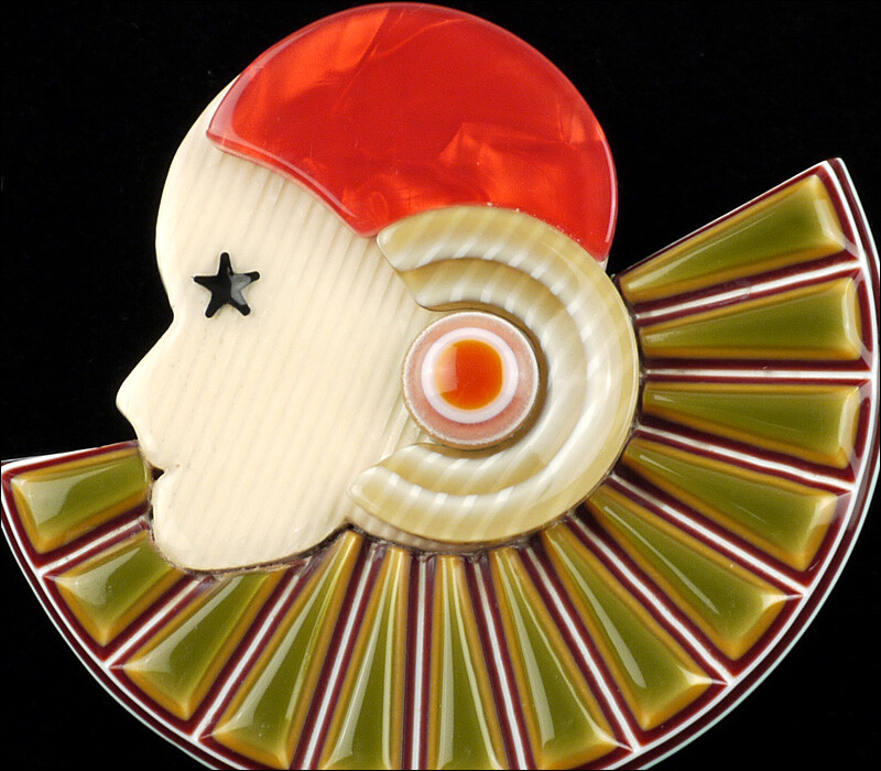 LEA STEIN HALF COLLERETTE BROOCH PIN ART DECO MUSTARD GREEN RED